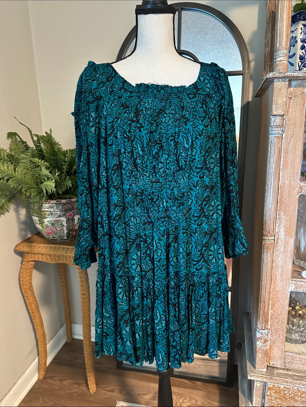 Free People Teal Paisley Smocked Ruffle Dress